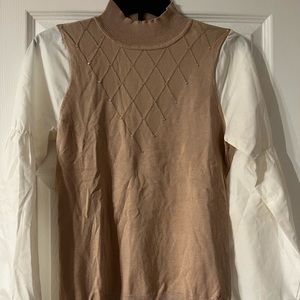 Belldini Small Women's Mock-Neck  Sweater Brown/white Shirt Blouse, white